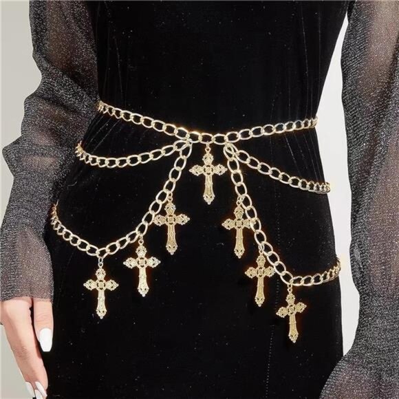Cross Waist Chain Belt | Layered Punk Gothic Body Chain | Adjustable Metal - Picture 2 of 5
